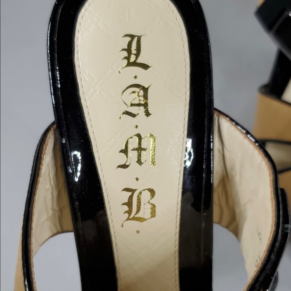 L.A.M.B. Tan & Black Strappy Slip On Heels - Picture 8 of 8